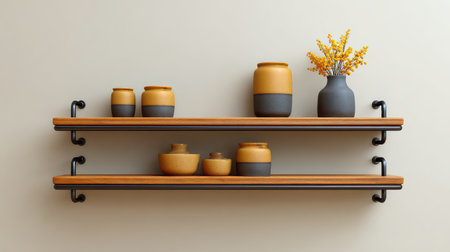 A stunning display of ceramic vases and pots arranged artfully on wooden shelves, enhancing the aesthetic appeal of any living space with modern, minimalist design.の素材