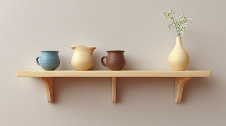 A collection of stylish ceramic pots in warm colors rests on a wooden shelf. This serene arrangement adds a modern touch to any home decor with its minimalist design.の素材