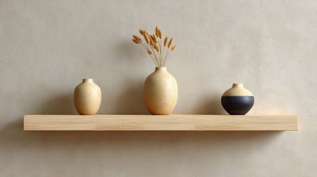 A stunning composition of three ceramic vases on a simple wooden shelf, complemented by dried grass, adding a serene touch to modern interior decor.の素材