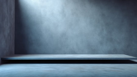 A minimalist empty room featuring a gray concrete wall and floor. Soft light creates a serene atmosphere, perfect for artistic presentations or photography backdrops.の素材