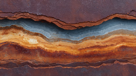 Stunning abstract image of rusted metal layers with a striking blue band, showcasing erosion and natural forms, perfect for art and design themes.の素材