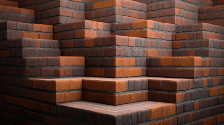 An artistic view of stacked brick steps showcasing rich textures, warm colors, and geometric patterns, perfect for projects focused on urban architecture or design themes.の素材