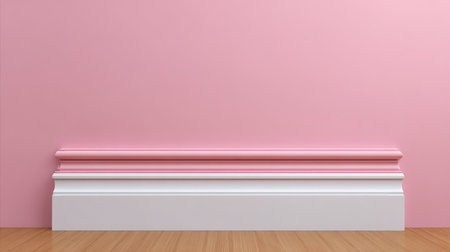 A smooth pink wall adorned with elegant white molding contrasts beautifully with a warm wooden floor. This composition creates a serene and inviting atmosphere ideal for interior design projects.の素材