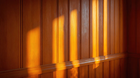 The image features warm sunlight casting gentle shadows on beautifully textured wooden walls, creating a serene and inviting ambiance in an elegant interior space.の素材