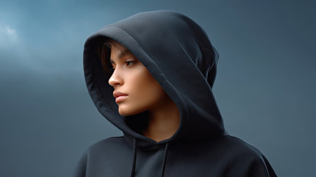 A young woman wears a dark hoodie, gazing thoughtfully into the distance against an atmospheric and stormy sky, capturing a moment of introspection.の素材