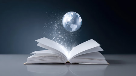 An open book emits a luminous globe surrounded by ethereal sparkles, symbolizing the boundless journey of knowledge and creativity through reading and exploration.の素材