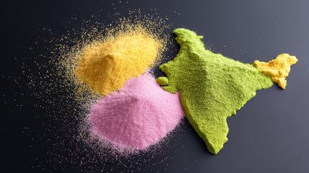 A stunning display of vibrant colored powders symbolizing India's rich culture, showcasing artistic arrangement on a dark surface. Perfect for creative projects.の素材