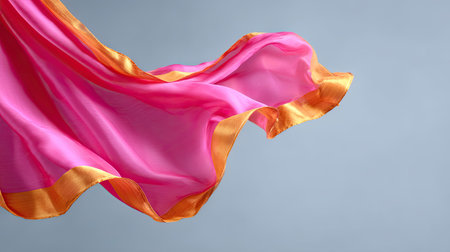 A vibrant and elegant pink fabric with a golden border flows gracefully in the air, showcasing its smooth texture and vibrant color against a soft background.の素材