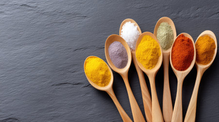 A visually appealing arrangement of colorful spices and herbs in wooden spoons, set against a dark slate backdrop, perfect for culinary-themed projects.の素材