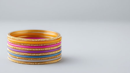 A collection of colorful gold bangles stacked artistically against a soft light background. Perfect for fashion, jewelry, and accessory themes, showcasing elegance.の素材