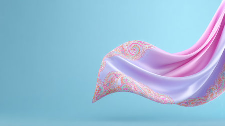 This image features an elegant silk scarf in soft pink and purple hues, adorned with a detailed paisley pattern, gracefully flowing against a calm blue background.の素材