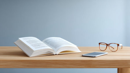 An open book rests on a wooden table next to stylish glasses and a smartphone, creating a tranquil workspace for studying or relaxation.の素材