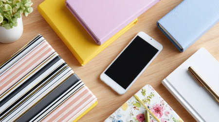 A visually appealing flat lay featuring colorful notebooks alongside a smartphone on a polished wooden surface. Ideal for planning, creativity, and organization.の素材