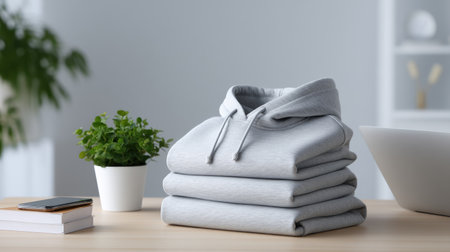 This image features a stack of neatly folded gray hoodies on a minimalist table, complemented by a small green plant, creating a stylish and tranquil indoor space.の素材
