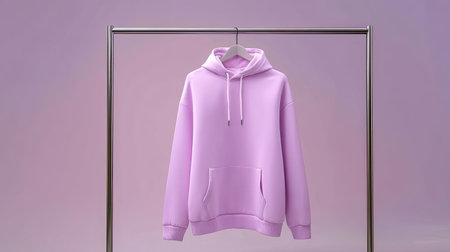 A soft pink hoodie hangs elegantly on a minimalist metal hanger against a pastel backdrop, ideal for fashion and apparel marketing needs and visual appeal.の素材