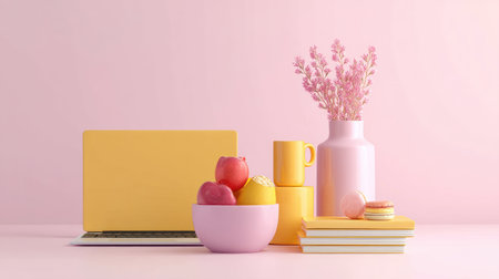This vibrant workspace features a laptop, fresh fruits in a colorful bowl, books, and a flower vase against a soft pink background, inspiring creativity.の素材