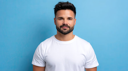 A confident man smiles warmly while wearing a simple white t-shirt against a vibrant blue background. This portrait captures feelings of joy and approachability.の素材