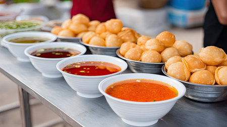 A captivating display of Indian street food featuring crispy puris served alongside vibrant bowls of assorted sauces, showcasing culinary diversity.の素材