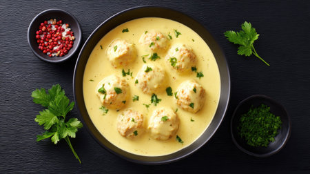 Indulge in a visually appealing dish featuring creamy sauce and soft dumplings, garnished with fresh herbs in a stylish black bowl, perfect for home cooking.の素材