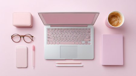 A stylish flat lay image showcasing a rose pink workspace, featuring a laptop, elegant notebook, coffee cup, and chic glasses, perfect for inspiration.の素材