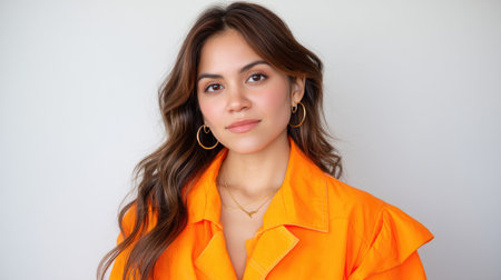 A young confident woman showcases her style in a bright orange blouse. Her long hair and simple jewelry complement her cheerful demeanor against a neutral background.の素材
