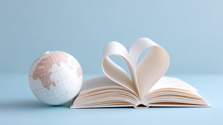 A creatively arranged open book with its pages shaped like a heart, alongside a globe, set against a soothing blue backdrop. Perfect for themes of education, romance, and adventure.の素材