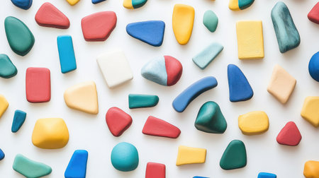 Abstract shapes and patterns made from colorful clay pieces on a light surface, symbolizing creativity and fresh ideas with open space for copyの素材