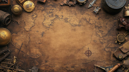 An old, worn map with a blank space in the center for a personal photo, surrounded by old travel souvenirs, evoking the feeling of missing adventures and memoriesの素材