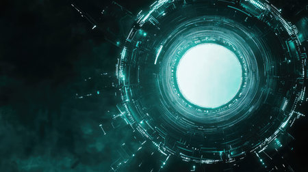 A close-up of a futuristic, glowing circuit board with abstract lines and geometric shapes, symbolizing innovation and modern ideas, with space for textの素材