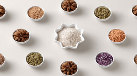 This image features an artistic display of assorted spices and seeds in white bowls, creating an inviting arrangement on a light background, perfect for culinary projects.の素材