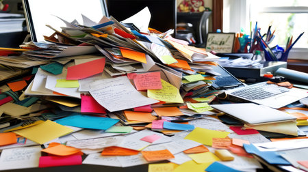 A clean desk with an open laptop, sticky notes, and a notebook, illustrating a space for creative business ideas with ample room for textの素材