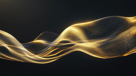 Abstract golden wave background with shimmering metallic textures and smooth curves, reflecting light in an elegant minimalist design. Ample copy space.の素材