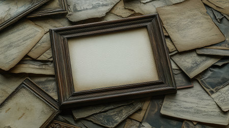 A collection of old postcards with an empty frame for a personal photograph, evoking a sense of longing for past travels and momentsの素材