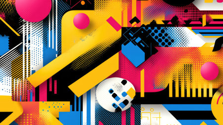 Abstract geometric patterns with bright neon colors, symbolizing the imagination at work and leaving ample space for text or design elementsの素材