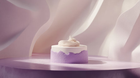 Abstract composition with a single luxury dessert on center stage surrounded by soft light. Elegant minimalism with space.の素材