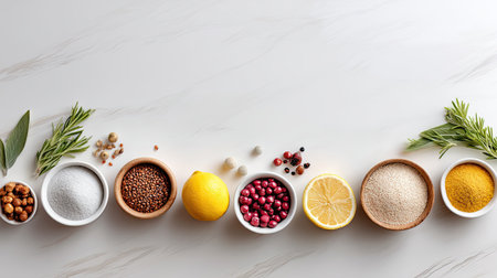 A vibrant display of fresh herbs and spices arranged beautifully on a white marble background, perfect for culinary inspiration and healthy cooking ideas.の素材