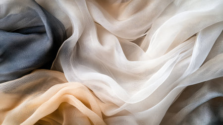 Abstract shot of soft fashion fabrics chiffon, silk, and velvet in elegant neutral tones. Space left for creative overlays.の素材