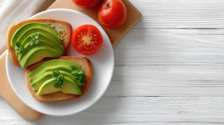 A vibrant plate featuring fresh avocado toast garnished with slices of tomato, ideal for health-conscious individuals seeking delicious breakfast or snack options.の素材