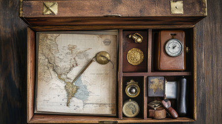 An open box filled with vintage mementos, like travel souvenirs and keepsakes, with a blank space for adding personal photos and memoriesの素材