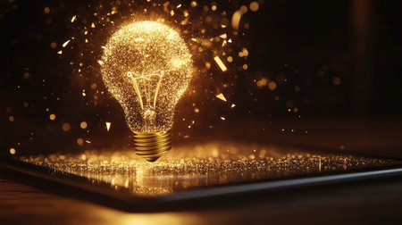 A glowing abstract lightbulb above a tablet with geometric shapes, representing a burst of futuristic ideas with ample space for copyの素材