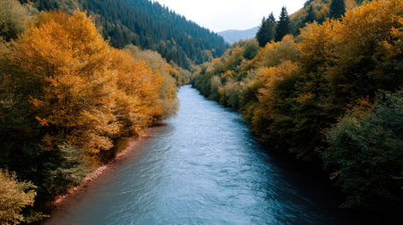 A beautiful river winds through a colorful autumn forest, showcasing stunning trees and a peaceful atmosphere under a cloudy sky. Perfect for nature lovers.の素材