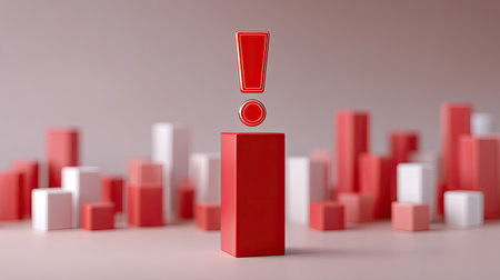 A striking red exclamation mark stands out prominently against a soft background, symbolizing alertness and urgency with a creative arrangement of colorful shapes.の素材