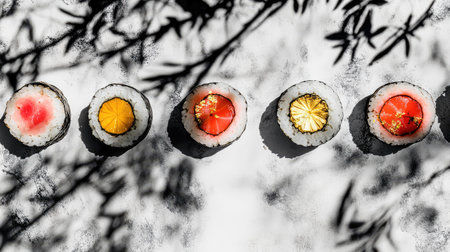 Artistic view of luxurious sushi rolls with gold flake and uni on slate with soft shadows. Upscale background.の素材