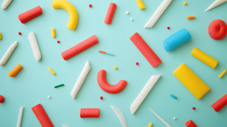 Abstract shapes made of colorful yarn threads placed on a clean backdrop, symbolizing creativity and a fresh design atmosphereの素材