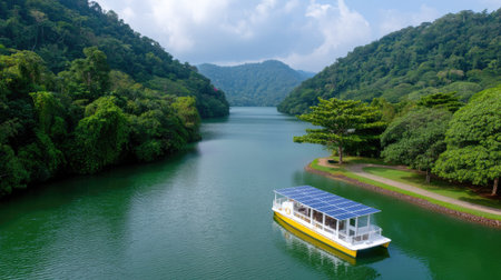 A serene view of a bright yellow boat floating on a calm river, surrounded by lush hills and vibrant foliage, creating a peaceful escape into nature's beauty.の素材