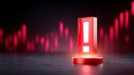 A vibrant red warning symbol stands out against a dark surface, capturing attention with its glow. The background showcases colorful abstract lines, enhancing the sense of urgency.の素材