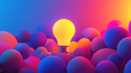 A glowing creative lightbulb surrounded by abstract colorful shapes, representing the birth of an idea with plenty of space for textの素材