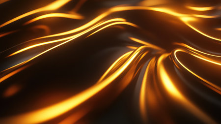 Abstract flowing lines in gold forming wave-like curves on deep black background. Dynamic design with room to add text.の素材