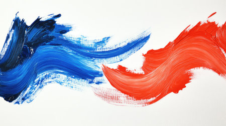Abstract brush strokes of red and blue paint on white paper, showing the process of creative work with ample space for branding or messagesの素材