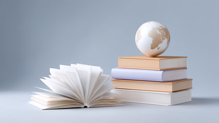 An open book beside a stack of books and a globe on a gray background, representing education, learning, and exploration in a modern workspace.の素材